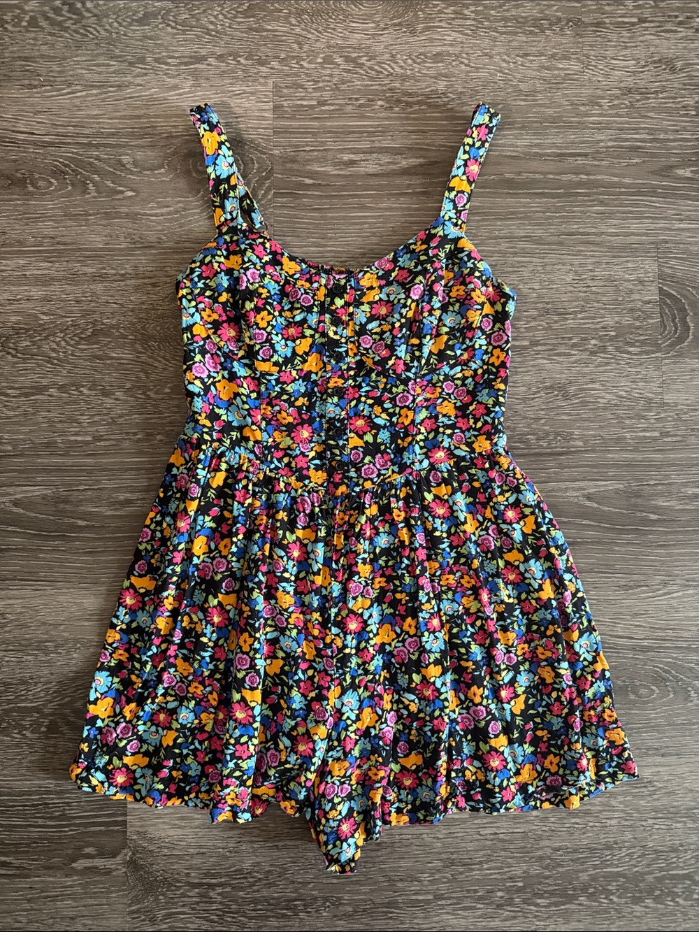 Wild Fable Black Floral Romper with Pink Yellow Blue Accents